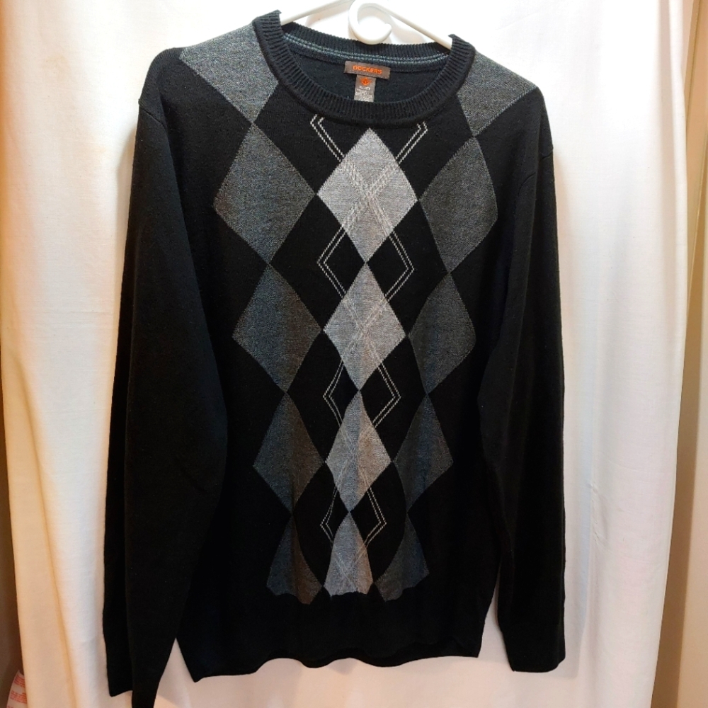 Dockers Sweater Men's Pullover Size XL Black Gray Argyle Long Sleeve EUC‎